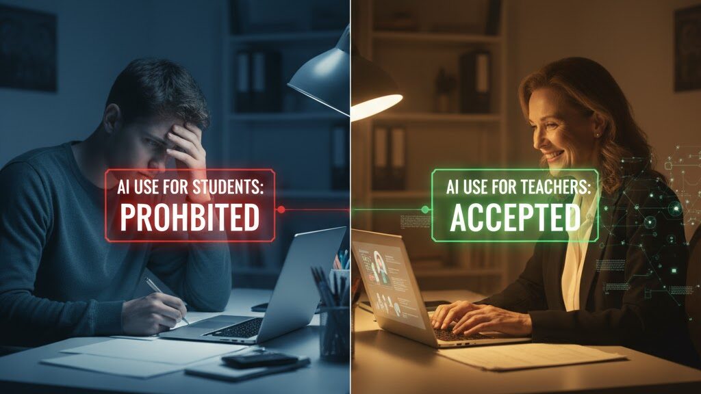 A split image showing a frustrated male student on the left, with text "AI USE FOR STUDENTS: PROHIBITED," and a smiling female teacher on the right, with text "AI USE FOR TEACHERS: ACCEPTED." Both are working on laptops in a contrasting light. Image (and typos) generated by Nano Banana.