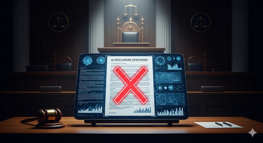 A large tablet displaying an "AI Disclosure Statement" document with a prominent red "X" over it sits on a wooden desk in a courtroom setting. A gavel lies next to the tablet, and a judge's bench with scales of justice is visible in the background. Image (and typos) generated by Nano Banana.