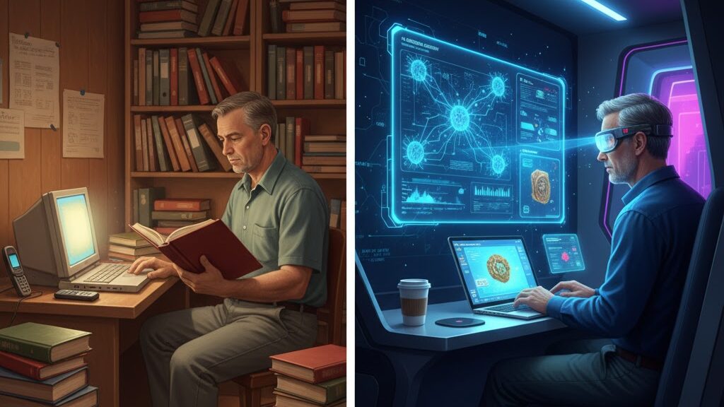 A split image contrasting two learning experiences separated by two decades. On the left, titled "20 YEARS AGO," a man in a cluttered study sits at a wooden desk with an old CRT monitor and stacks of physical books, diligently reading. On the right, titled "TODAY: THE AI REVOLUTION," the same man, now older, sits in a sleek, futuristic study, wearing AR glasses and interacting with holographic displays and a laptop that shows complex AI interfaces, symbolizing a transformed "back to college" experience. Image (and typos) generated by Nano Banana.