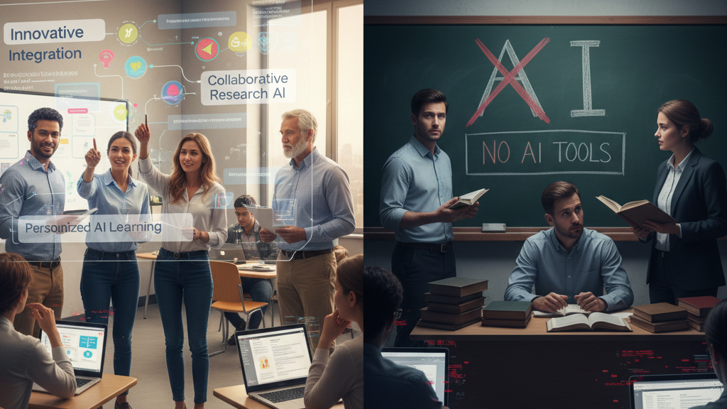 A split image contrasting two distinct classroom approaches to AI. On the left, a bright, modern classroom shows faculty and students collaboratively engaging with holographic displays and laptops, demonstrating "Innovative Integration" and "Collaborative Research AI." On the right, a darker, traditional classroom features a blackboard with a large red 'X' over "AI" and "NO AI TOOLS" written below it, with faculty and students avoiding technology, symbolizing resistance to AI. Image (and typos) generated by Nano Banana.