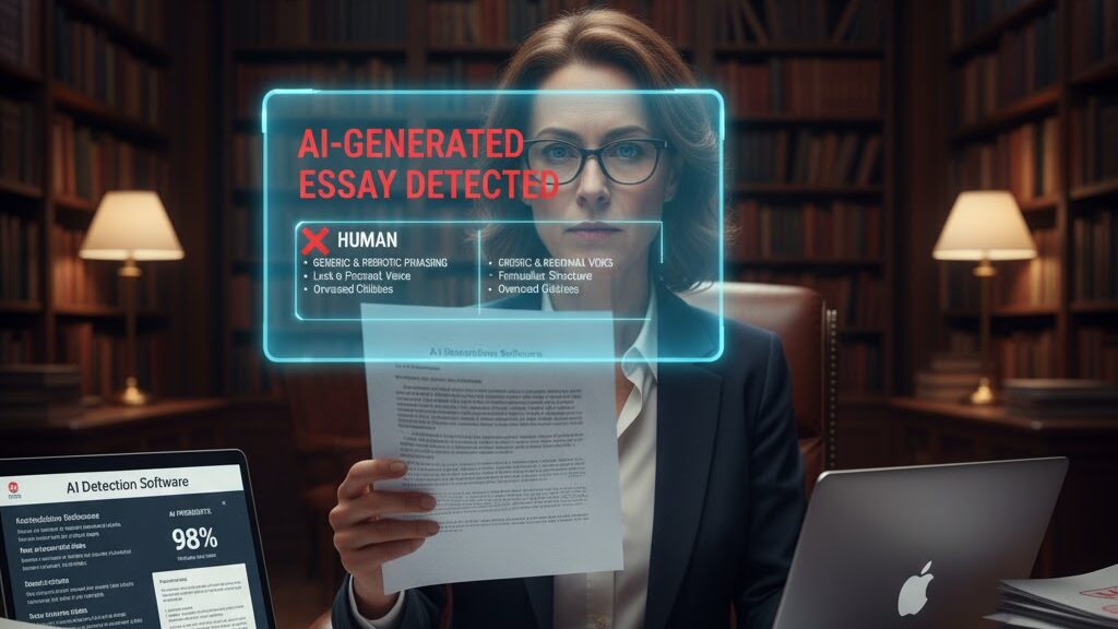 In a grand, wood-paneled library office, a serious female admissions officer in glasses sits at a desk piled with papers and laptops. A prominent holographic alert floats in front of her, reading "AI-GENERATED ESSAY DETECTED" in red. Below it, a comparison lists characteristics of "HUMAN" writing (e.g., unique voice) versus generic AI traits. One laptop screen displays "AI Detection Software" with a high probability score. Image (and typos) generated by Nano Banana.