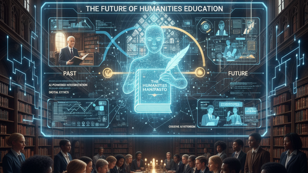 In a grand, ornate university library, a group of diverse students and professors are seated around a long, candlelit wooden table, engaged in a discussion. Above them, a large holographic display titled "THE FUTURE OF HUMANITIES EDUCATION" shows a central figure holding "THE HUMANITIES MANIFESTO" with a quill, flanked by "PAST" and "FUTURE" panels detailing AI-powered interpretation, digital ethics, and evolving roles of AI in humanities. Image (and typos) generated by Nano Banana.