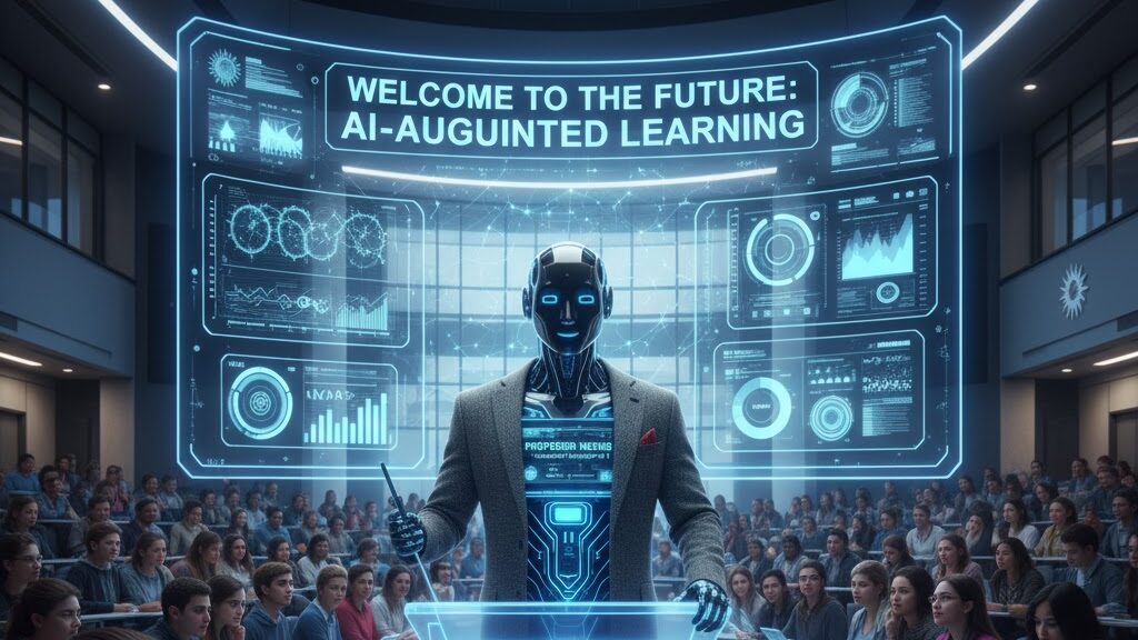 In a vast, modern university lecture hall filled with students working on holographic tablets, a sleek, humanoid AI figure in a business suit stands at the front, glowing blue and labeled "PROFESSOR NEXUS." Behind it, a massive interactive screen displays "WELCOME TO THE FUTURE: AI-AUGMENTED LEARNING," surrounded by various data, graphs, and educational interfaces, symbolizing AI's presence in higher education. Image (and typos) generated by Nano Banana.