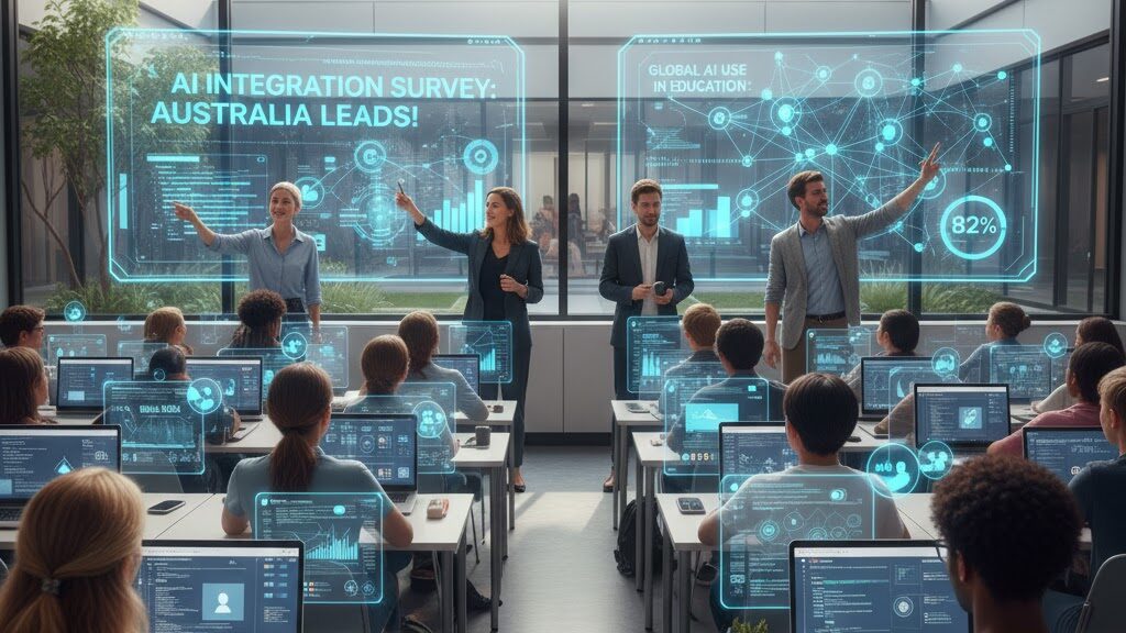 In a bright, modern classroom with large windows, students are actively working on laptops at individual desks. At the front, two female and two male teachers stand, gesturing towards large holographic screens that proudly announce "AI INTEGRATION SURVEY: AUSTRALIA LEADS!" and display "GLOBAL AI USE IN EDUCATION" with a prominent "82%," highlighting Australia's high adoption rate of AI in classrooms. Image (and typos) generated by Nano Banana.