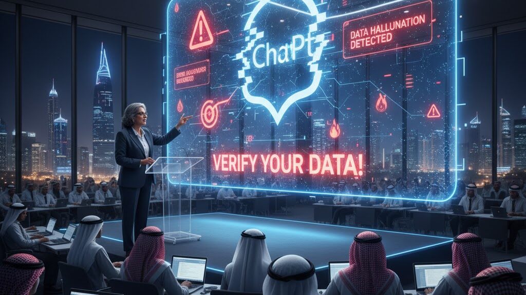In a modern, high-tech lecture hall with a striking view of the Dubai skyline at night, a female college dean stands at a podium, gesturing emphatically towards a large holographic screen. The screen prominently displays the ChatGPT logo surrounded by numerous warning signs and error messages such as "ERROR: FACTUAL INACCURACY" and "DATA HALLUCINATION DETECTED," with a bold command at the bottom: "VERIFY YOUR DATA!". Students in traditional Middle Eastern attire are seated, working on laptops. Image (and typos) generated by Nano Banana.