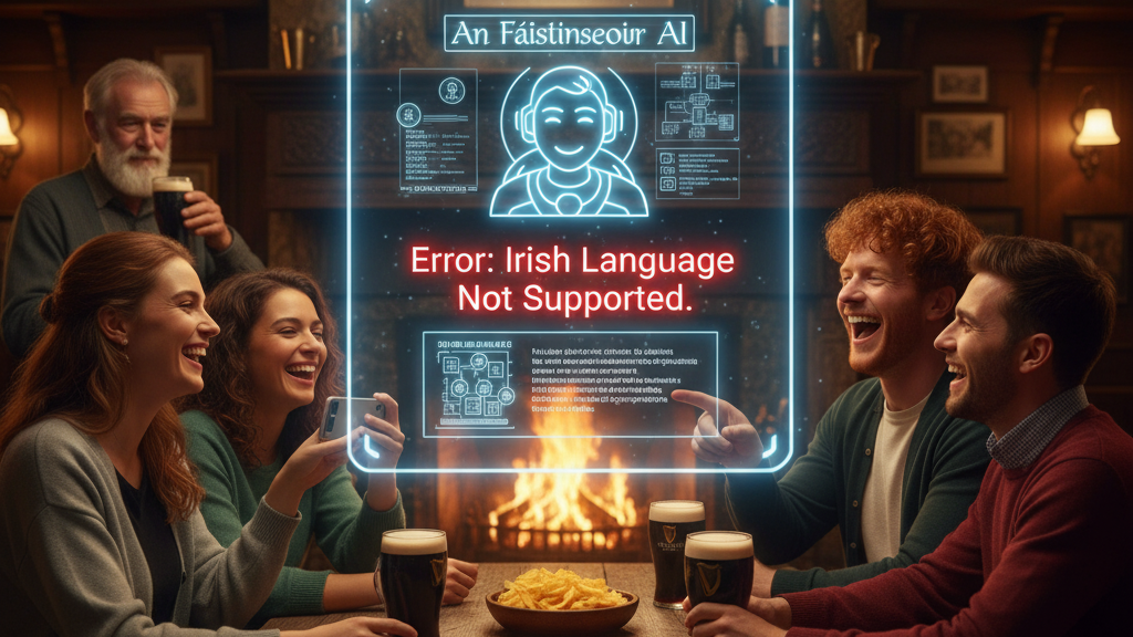 In a warm, traditional Irish pub setting, four friends are seated around a wooden table, laughing and enjoying pints of Guinness, with a fireplace in the background. Above their table, a holographic AI interface glows, displaying "An Fáistinseoir AI" (The Oracle AI) at the top, but prominently featuring a red error message: "Error: Irish Language Not Supported." An older gentleman is visible in the background. Image (and typos) generated by Nano Banana.