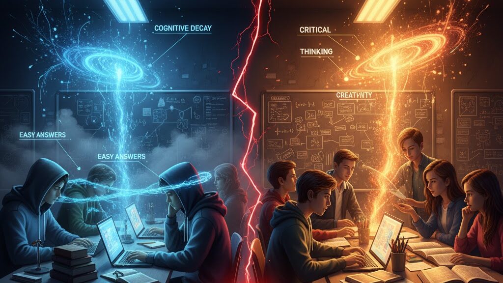 A split image contrasting two groups of students in a classroom. On the left, a blue-lit side represents "COGNITIVE DECAY" with students passively looking at laptops receiving "EASY ANSWERS." On the right, an orange-lit side represents "CRITICAL THINKING" and "CREATIVITY" with students actively collaborating and working. Image (and typos) generated by Nano Banana.