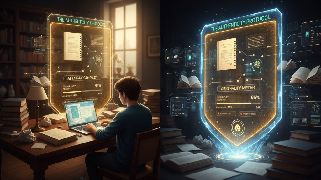 A stylized visual showing a classic, handwritten essay page being protected by a glowing, modern digital shield or frame, symbolizing the integration of new methods to preserve the integrity of traditional writing assignments against AI interference. Image (and typos) generated by Nano Banana.