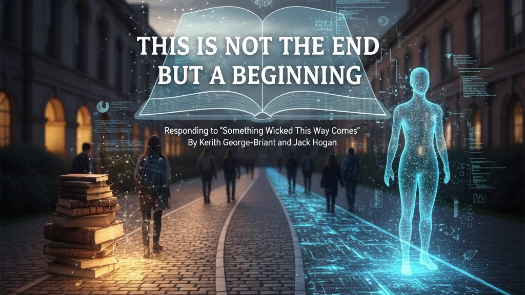 A conceptual illustration showing a digital roadmap splitting into two distinct, glowing paths, one labeled "Secure Assessment" and the other "Open Assessment." The background blends subtle academic motifs with swirling binary code, symbolizing the strategic integration of Generative AI into higher education assessment practices. Image (and typos) generated by Nano Banana.