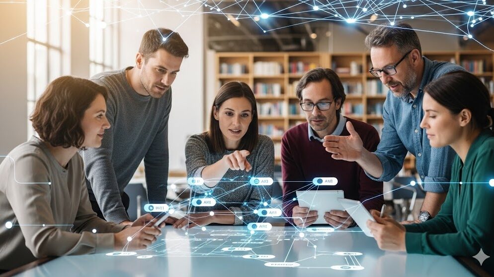 A diverse group of five educators collaboratively studying a glowing, holographic network of digital lines and nodes on a table, symbolizing their shared learning and upskilling in Artificial Intelligence (AI) within a modern, book-lined academic setting. Image (and typos) generated by Nano Banana.