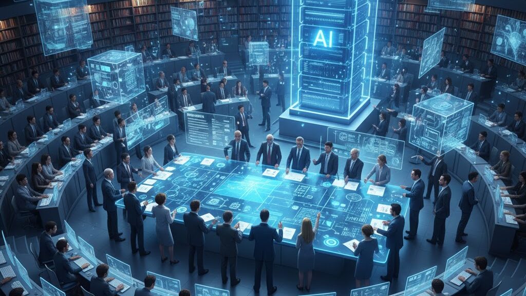 A high-speed, dynamic visual of a traditional university blueprint or parchment being rapidly overwritten by glowing green and blue AI code, circuit lines, and data streams, symbolizing the frantic pace of curricular redesign in the face of new technology. Image (and typos) generated by Nano Banana.