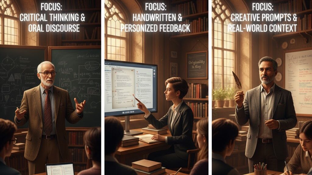 A triptych showing three different English professors employing distinct methods to deter AI use. The first panel shows a professor lecturing on critical thinking. The second shows a professor providing personalized feedback on a digital screen. The third shows a professor leading a discussion with creative prompts. Image (and typos) generated by Nano Banana.