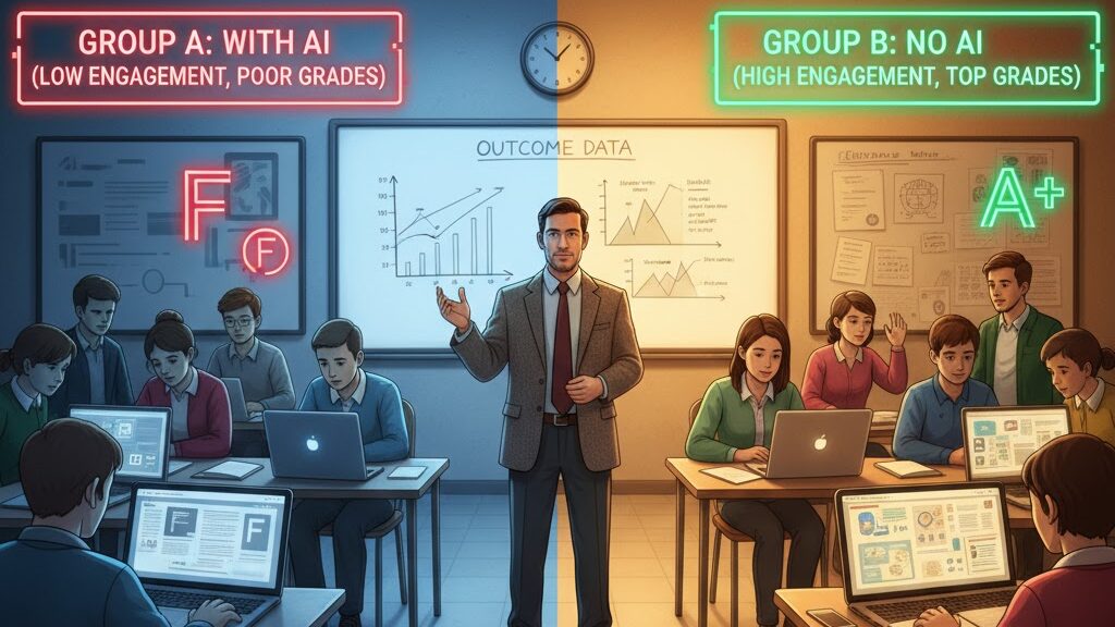 A split classroom scene with a professor in the middle, presenting data. The left side, labeled "GROUP A: WITH AI," shows disengaged students with "F" grades. The right side, labeled "GROUP B: NO AI," shows engaged students with "A+" grades, depicting contrasting outcomes of AI use in a classroom experiment. Image (and typos) generated by Nano Banana.
