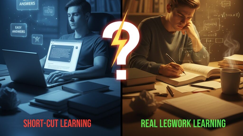 split image illustrating two contrasting study methods. On the left, a student in a blue-lit setting uses a laptop for "SHORT-CUT LEARNING" with "EASY ANSWERS" floating around. On the right, a student in a warm, orange-lit setting is engaged in "REAL LEGWORK LEARNING," writing in a notebook with open books and calculations. A large question mark divides the two scenes. Image (and typos) generated by Nano Banana.