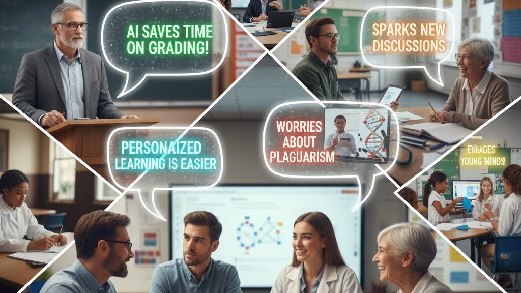 A digital illustration showing a diverse group of teachers sitting around a conference table in a modern classroom, each holding a speech bubble or screen displaying various short, contrasting statements about AI, such as "HELPFUL TOOL," "CHEAT DETECTOR," and "TIME SINK." Image (and typos) generated by Nano Banana.