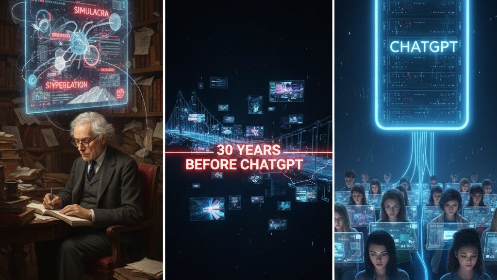 A stylized, sepia-toned image of French philosopher Jean Baudrillard seated in a classic setting, holding a book, with a faint, modern, glowing digital projection of AI code and chat bubbles superimposed subtly in the background and foreground, merging the past and the hyperreal present. Image (and typos) generated by Nano Banana.