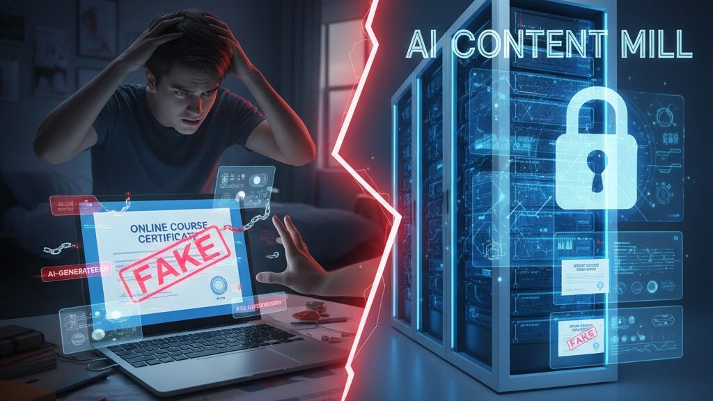 A digital illustration of a diploma or certificate with a prominent "CERTIFIED" seal, but the document is visibly fraying and breaking apart into digital code and pixels. A small, glowing AI chatbot icon hovers near the broken area, symbolizing the erosion of credibility. Image (and typos) generated by Nano Banana.