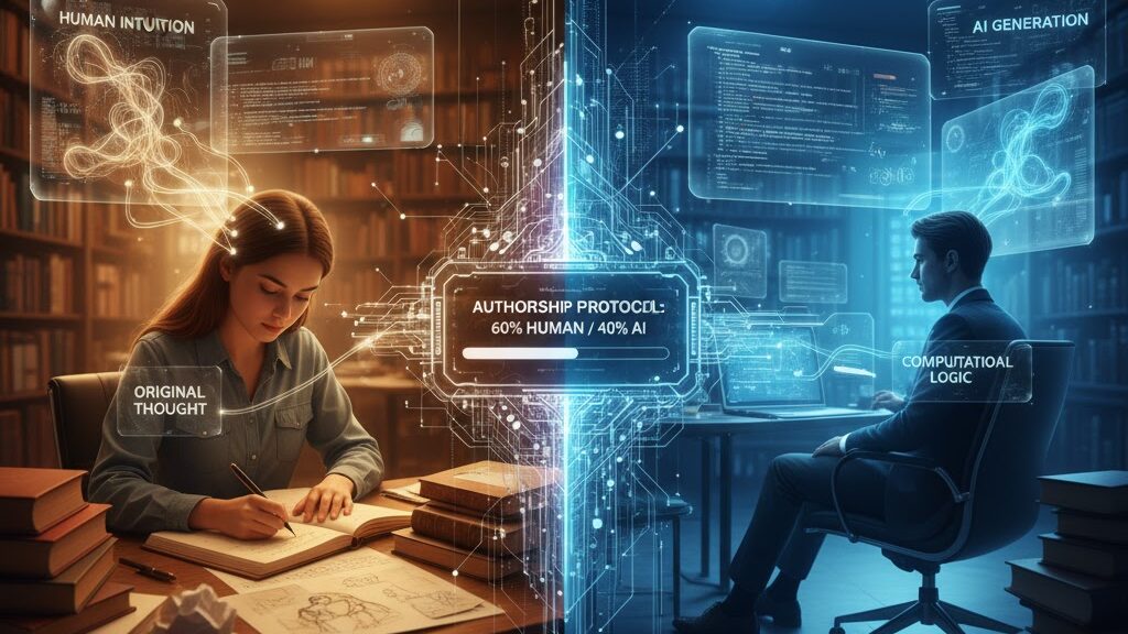 A split image contrasting human and AI cognitive processes. On the left, a woman writes, surrounded by concepts like "HUMAN INTUITION" and "ORIGINAL THOUGHT." On the right, a man works at a computer, with "AI GENERATION" and "COMPUTATIONAL LOGIC" displayed. A central vertical bar indicates an "AUTHORSHIP PROTOCOL: 60% HUMAN / 40% AI." Image (and typos) generated by Nano Banana.