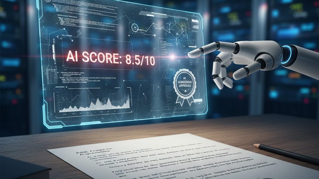 A stylized visual showing a college application essay page with glowing red marks and scores being assigned by a disembodied robotic hand emerging from a digital screen, symbolizing the automated and impersonal nature of AI-driven admissions scoring. Image (and typos) generated by Nano Banana.