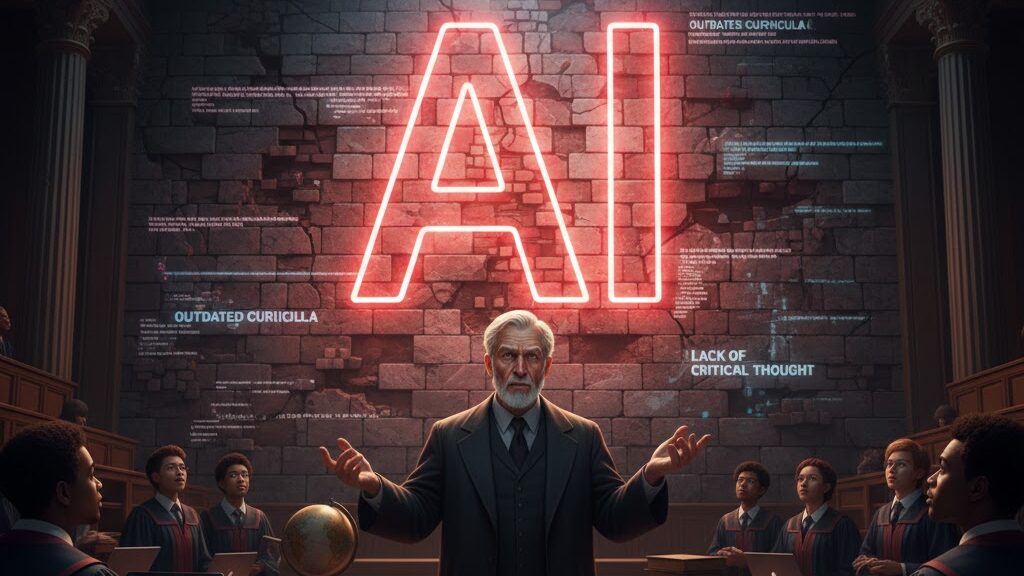 A dramatic, conceptual image showing a crumbling, old-fashioned column (representing "Traditional College Structure") with cracks widening as digital light and AI code seep into the fissures, emphasizing that AI revealed existing weaknesses rather than caused the damage. Image (and typos) generated by Nano Banana.