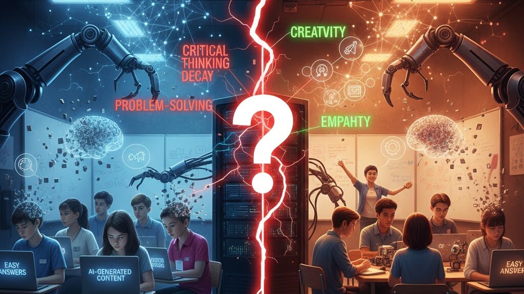 A highly conceptual visual of a digital circuit board with key areas representing skills like "Critical Thinking," "Problem Solving," and "Originality" fading and becoming obscured by an overwhelming cloud of generic, high-speed AI data. Image (and typos) generated by Nano Banana.