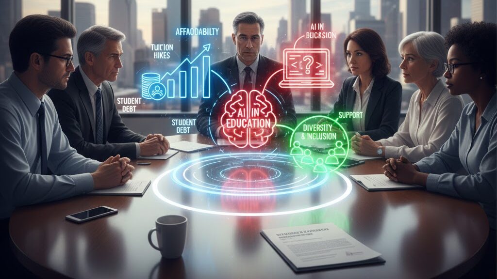 A composite visual showing three distinct, stylized icons representing major challenges: A padlock with dollar signs (Affordability), a swirling digital vortex or chatbot logo (AI), and a group of varied silhouettes (Diversity). All three are converging on a single, glowing student figure, symbolizing the multiple pressures on student success leaders. Image (and typos) generated by Nano Banana.