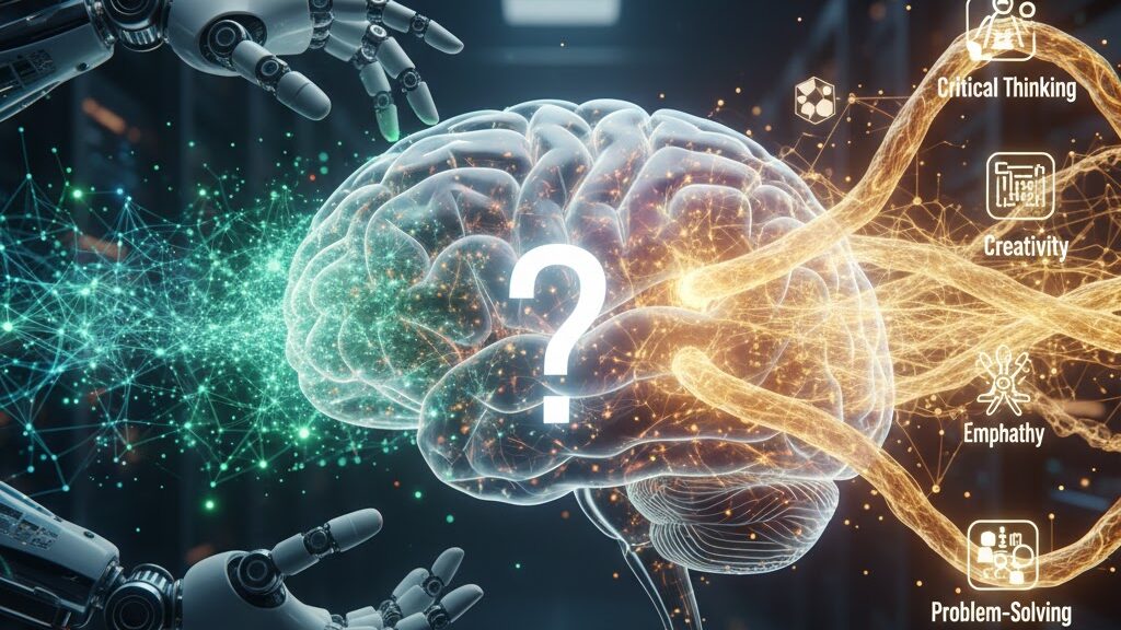 A highly conceptual visual showing a partially fragmented human brain structure with new, glowing neural pathways being actively reconnected and rebuilt by a series of fine, digital threads, symbolizing the conscious effort to strengthen cognitive skills amidst reliance on AI. Image (and typos) generated by Nano Banana.