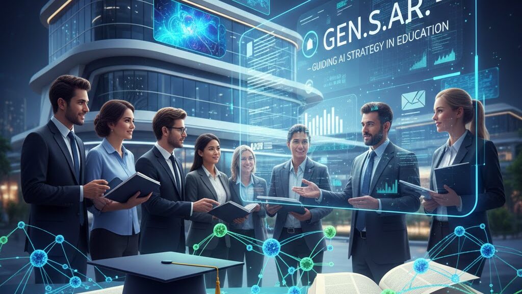 A group of diverse higher education professionals and students standing in front of a modern university building, engaged in a collaborative discussion around a glowing digital interface displaying the Gen.S.A.R. framework. In the foreground, traditional open books and a graduation cap are intertwined with glowing neural network nodes, symbolizing the integration of generative AI with traditional academic foundations. Image (and typos) generated by Nano Banana.