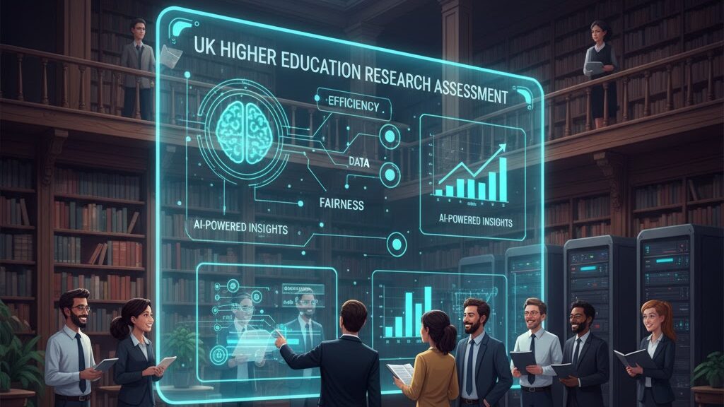 A stylized visual showing a network of research papers and data graphs being analyzed and sorted by a glowing, benevolent AI interface (represented by a digital hand) over the map of the United Kingdom, symbolizing efficiency and impartial assessment in academia. Image (and typos) generated by Nano Banana.