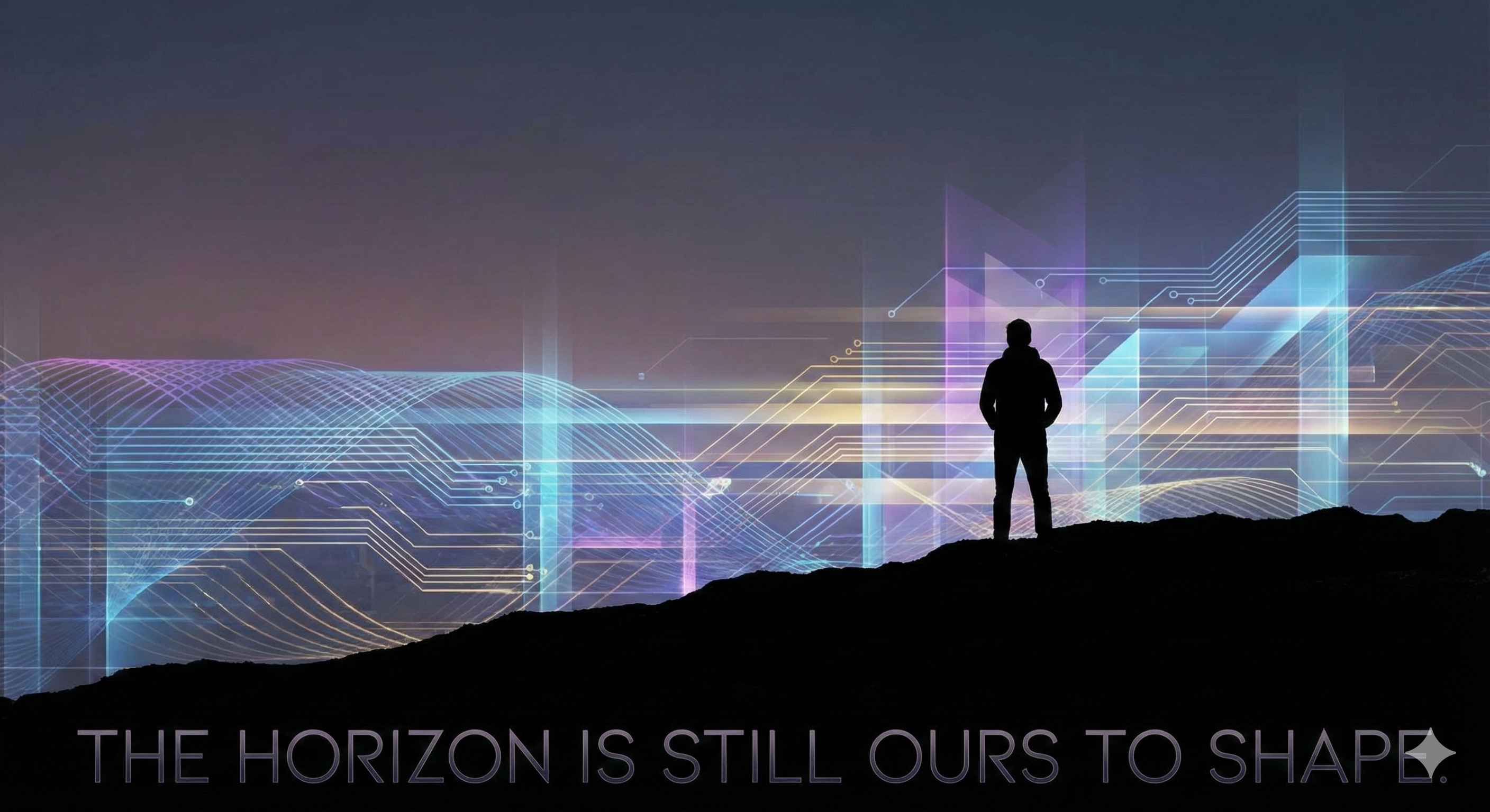 A minimalist illustration featuring the silhouette of a person standing and gazing toward a horizon line formed by soft, glowing digital patterns and abstract light streams. The scene blends naturalistic contemplation with modern technology, symbolizing human agency in shaping the future of AI against a clean, neutral background. Image (and typos) generated by Nano Banana.