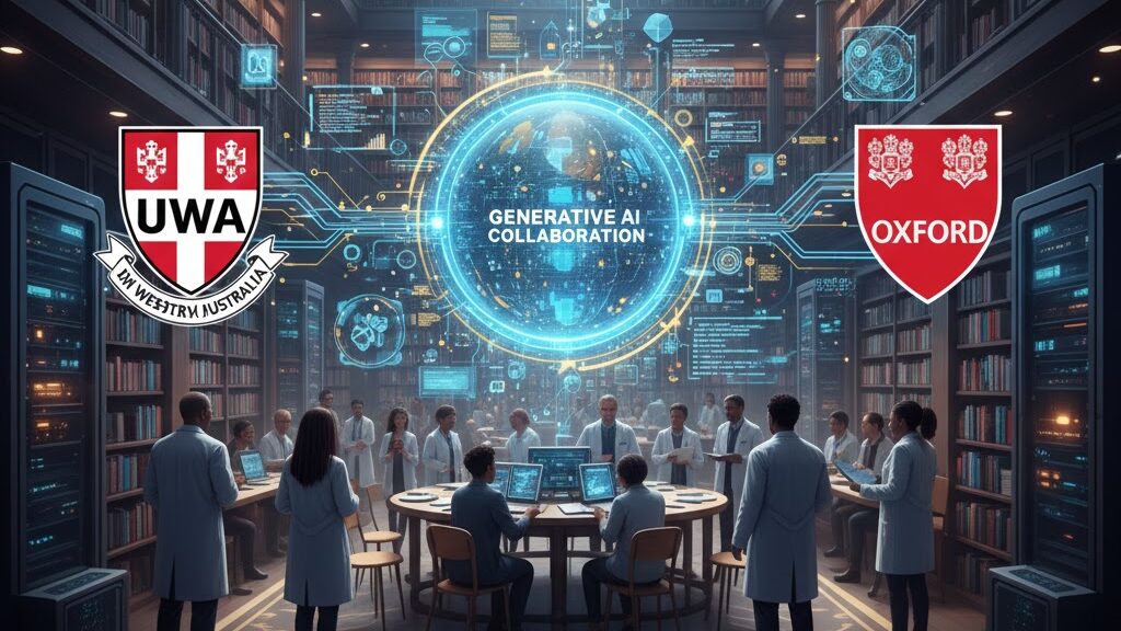 A digital illustration merging the architectural styles of the University of Western Australia (UWA) and the University of Oxford. A traditional university shield or crest is split in two, with one half featuring a classic coat of arms and the other half displaying generative AI code and glowing digital patterns, symbolizing their partnership in advanced education. Image (and typos) generated by Nano Banana.
