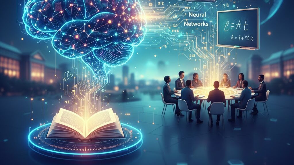 A digital illustration depicting the intersection of technology and higher education. On the left, a glowing, translucent human brain composed of neural networks rises from an open, illuminated book. On the right, a group of educators and professionals sit in a circle at a glowing round table, engaged in a collaborative discussion. The background features subtle academic symbols like a graduation cap and a chalkboard, all set in a futuristic, tech-enabled environment. Image (and typos) generated by Nano Banana.