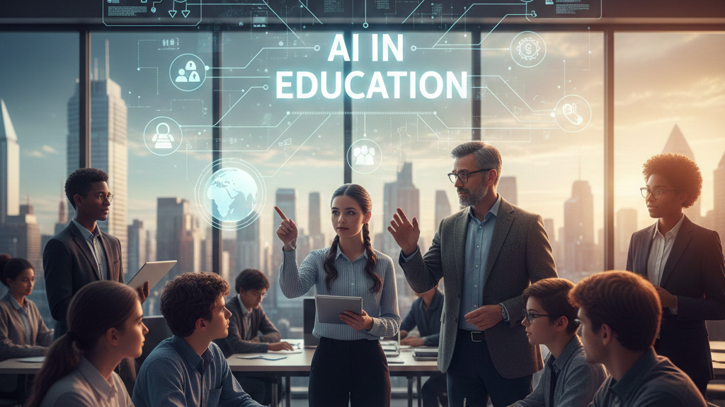 A diverse group of students and educators in a modern, high-tech classroom with a city skyline view. They are gathered around a glowing digital table displaying interactive data, while a central holographic display above them reads "AI IN EDUCATION" surrounded by floating icons representing global connectivity, learning, and technology. Image (and typos) generated by Nano Banana.